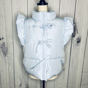 Mainstrip Ruffle Puffer Vest With Bow Tie Detail Size L Light Blue Full Zip